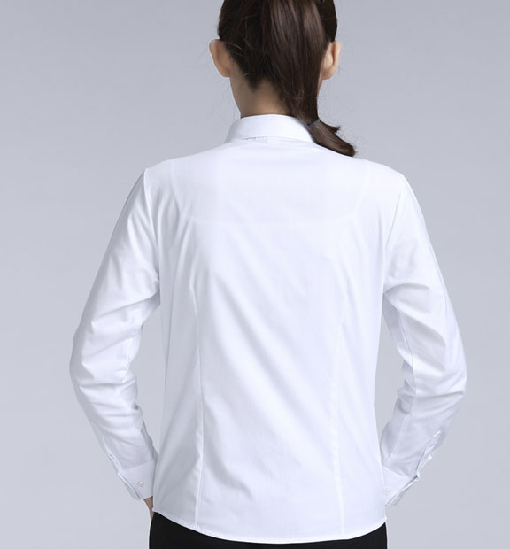 白色女款滌棉翻領長袖修身襯衫-0501#