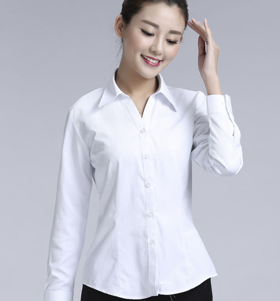 白色斜紋女款滌棉翻領(lǐng)長(zhǎng)袖修身襯衫-1381#