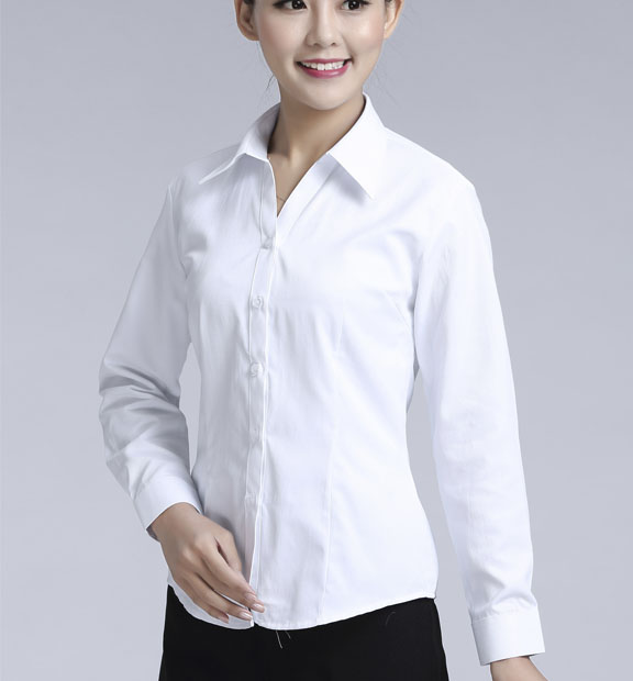 白色斜紋女款滌棉翻領(lǐng)長(zhǎng)袖修身襯衫-1381#