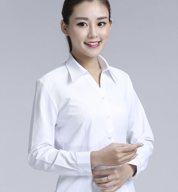 白色斜紋女款滌棉翻領(lǐng)長(zhǎng)袖修身襯衫-1381#