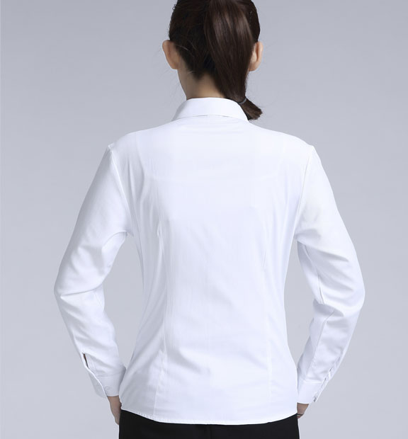 白色斜紋女款滌棉翻領(lǐng)長(zhǎng)袖修身襯衫-1381#