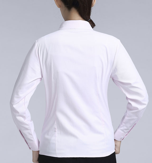 粉色斜紋女款滌棉翻領長袖修身襯衫-1382#