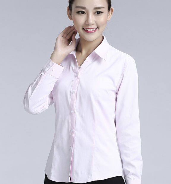 粉色斜紋女款滌棉翻領長袖修身襯衫-1382#