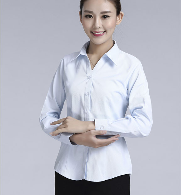 淺藍色斜紋女款滌棉翻領長袖修身襯衫-1383#