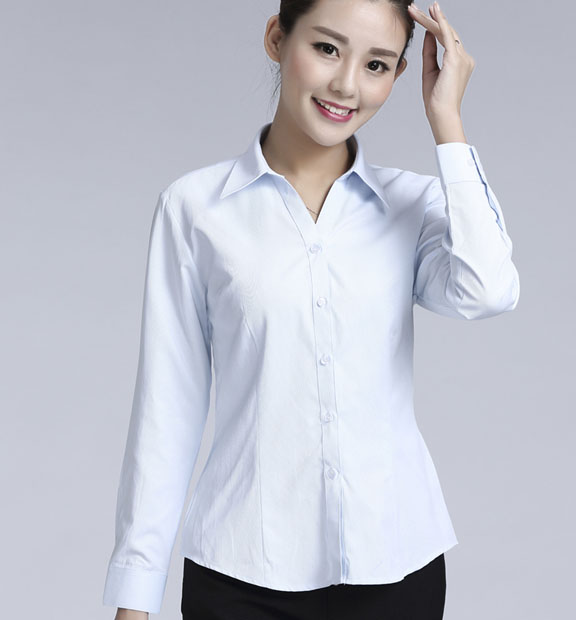 淺藍色斜紋女款滌棉翻領長袖修身襯衫-1383#