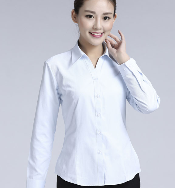 白色豎紋女款滌棉翻領長袖修身襯衫-1491#