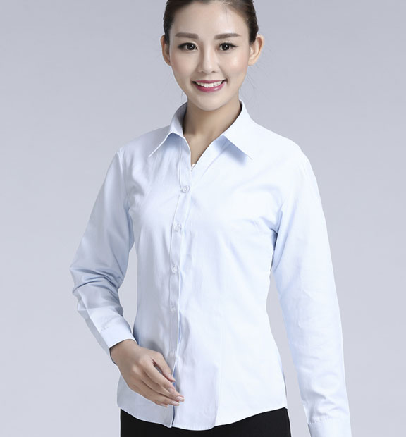 白色豎紋女款滌棉翻領長袖修身襯衫-1491#