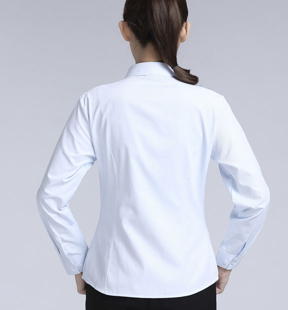 白色豎紋女款滌棉翻領長袖修身襯衫-1491#