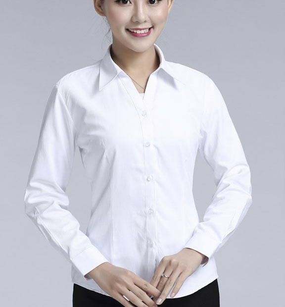 白色女款滌棉翻領長袖修身襯衫-3016-1#