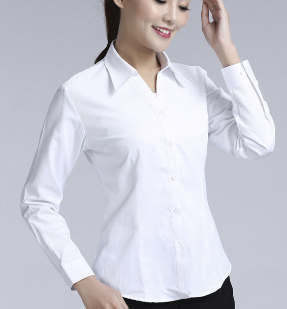 白色女款滌棉翻領長袖修身襯衫-3016-1#