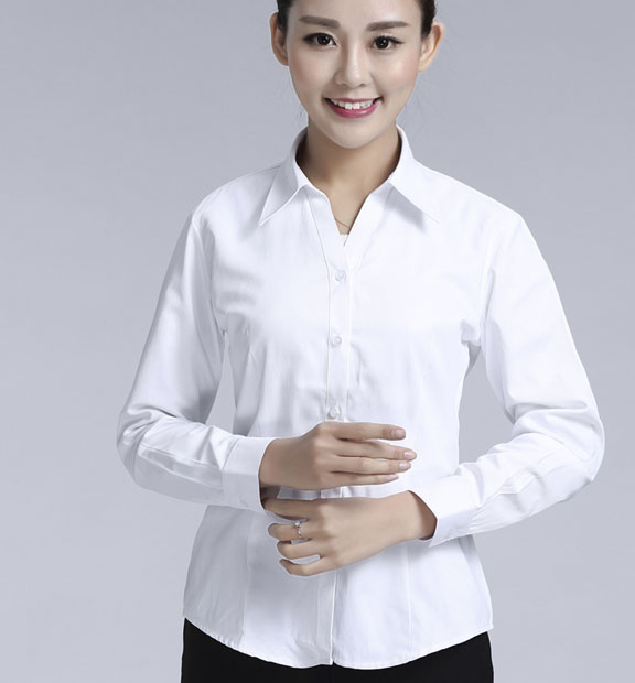 白色女款滌棉翻領長袖修身襯衫-3016-1#