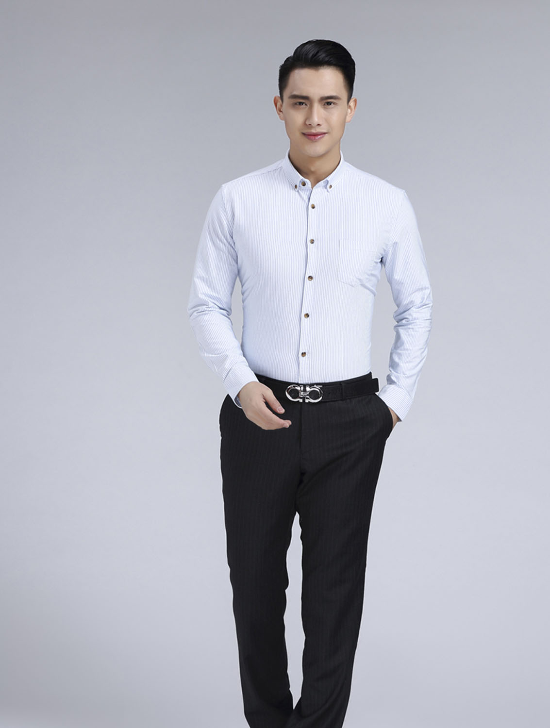 藍色條紋男款牛津紡翻領長袖修身襯衫-59175#