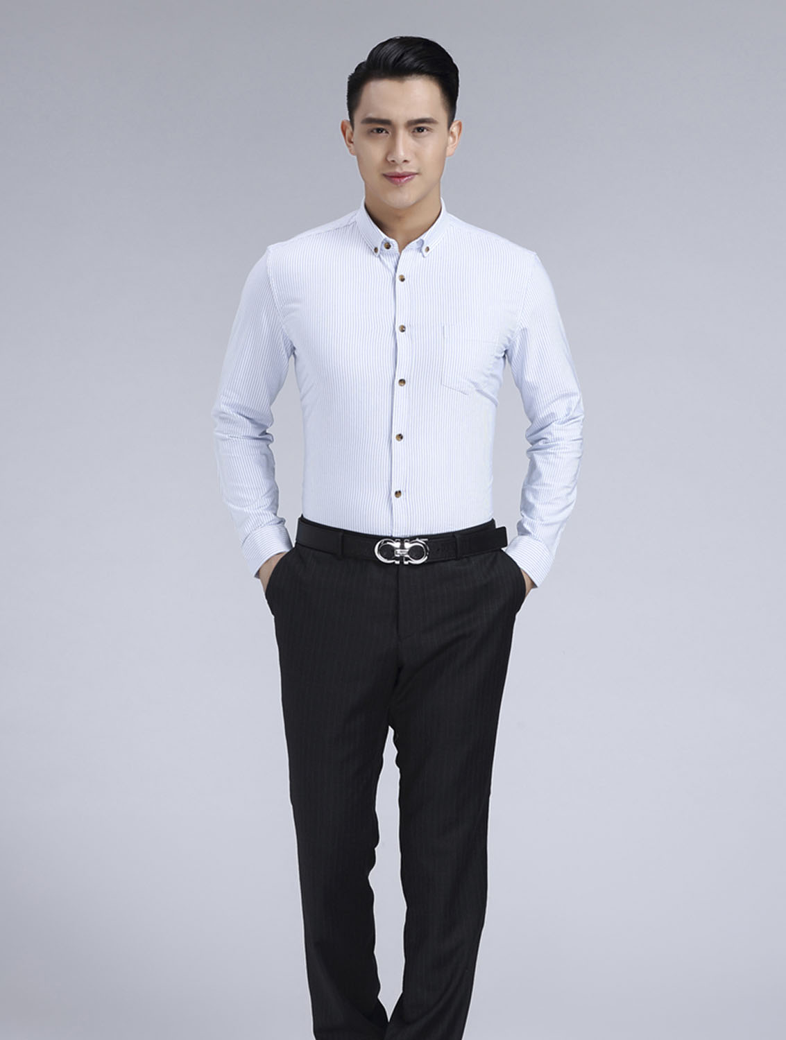藍色條紋男款牛津紡翻領長袖修身襯衫-59175#