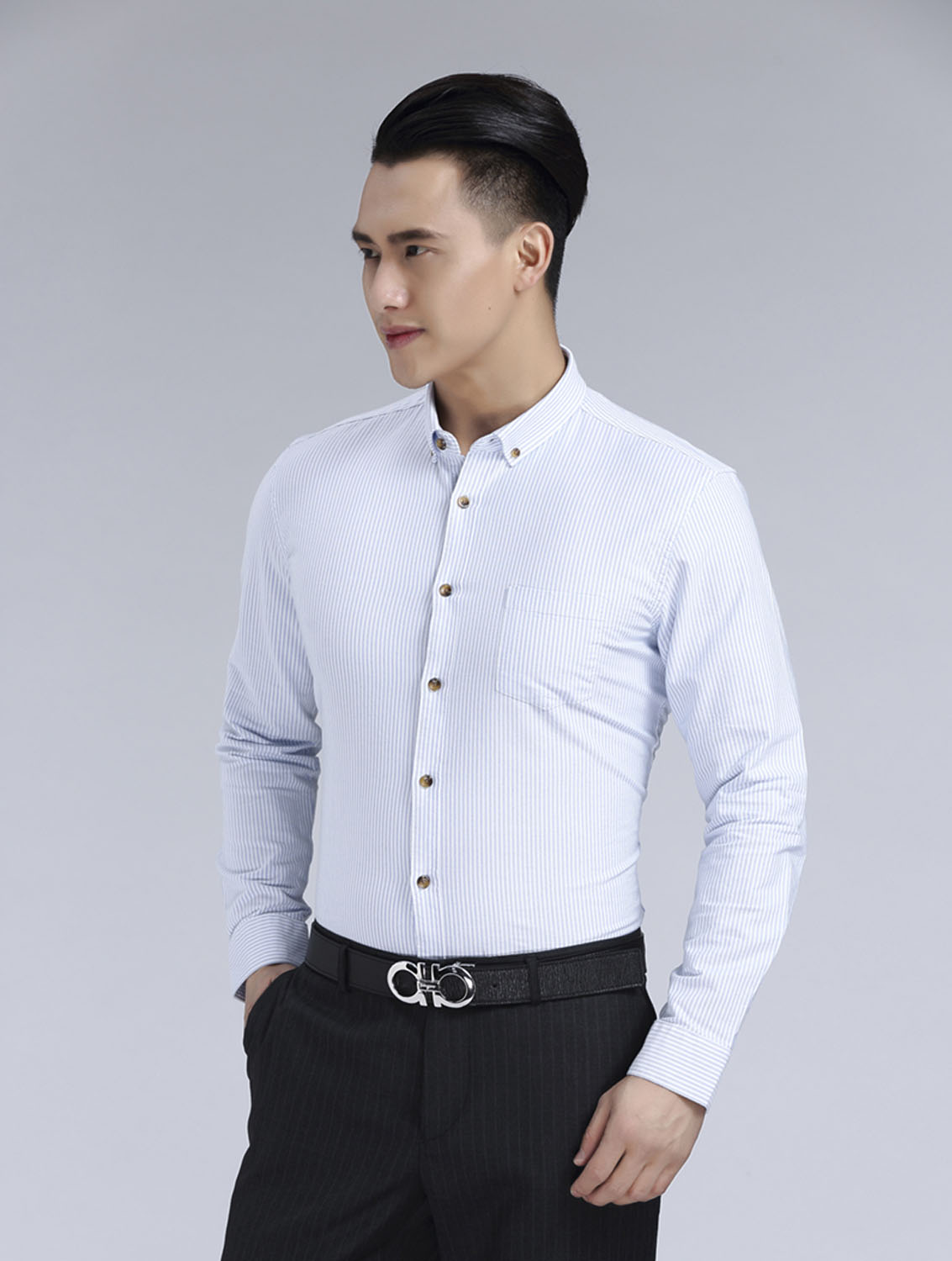 藍色條紋男款牛津紡翻領長袖修身襯衫-59175#