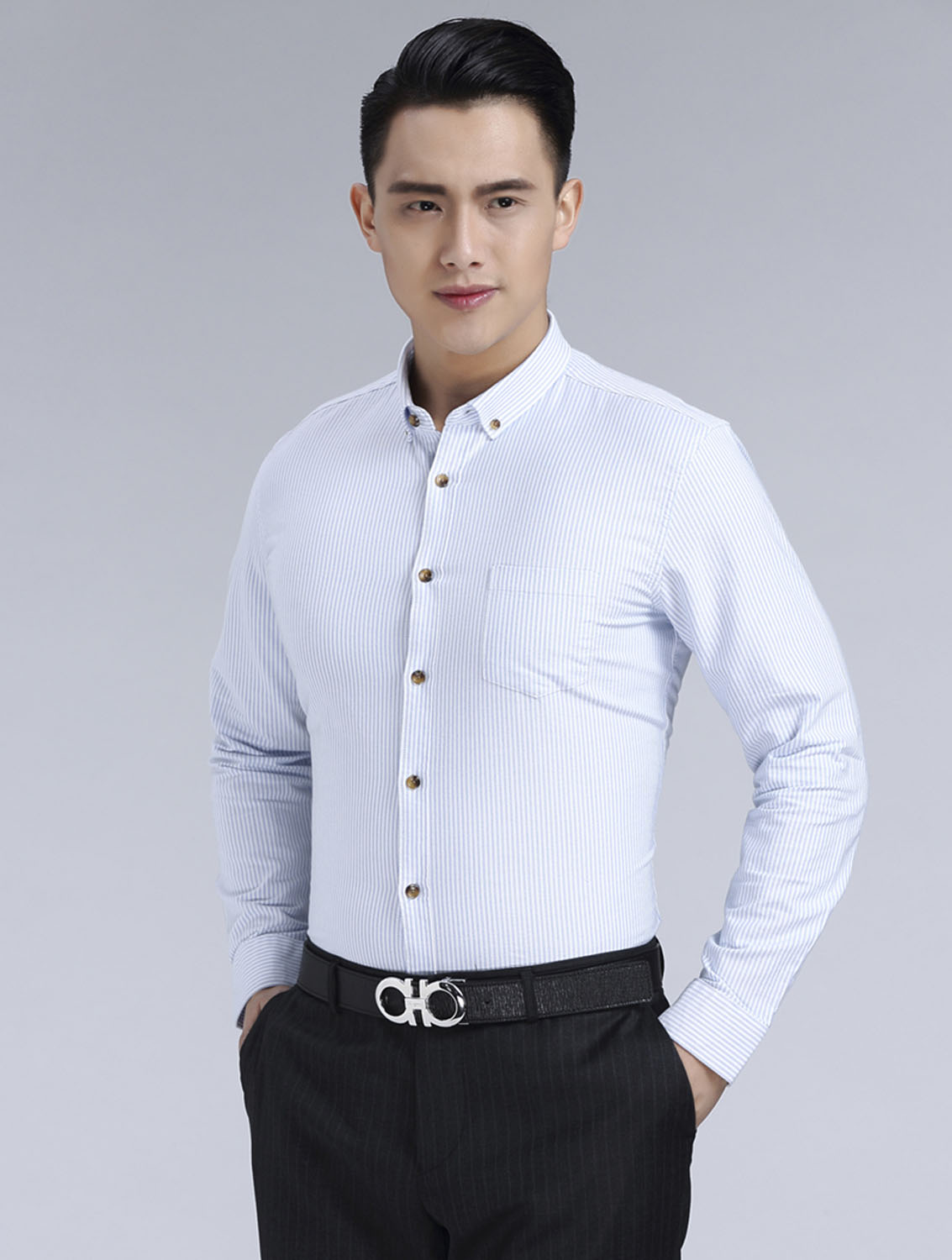 藍色條紋男款牛津紡翻領長袖修身襯衫-59175#