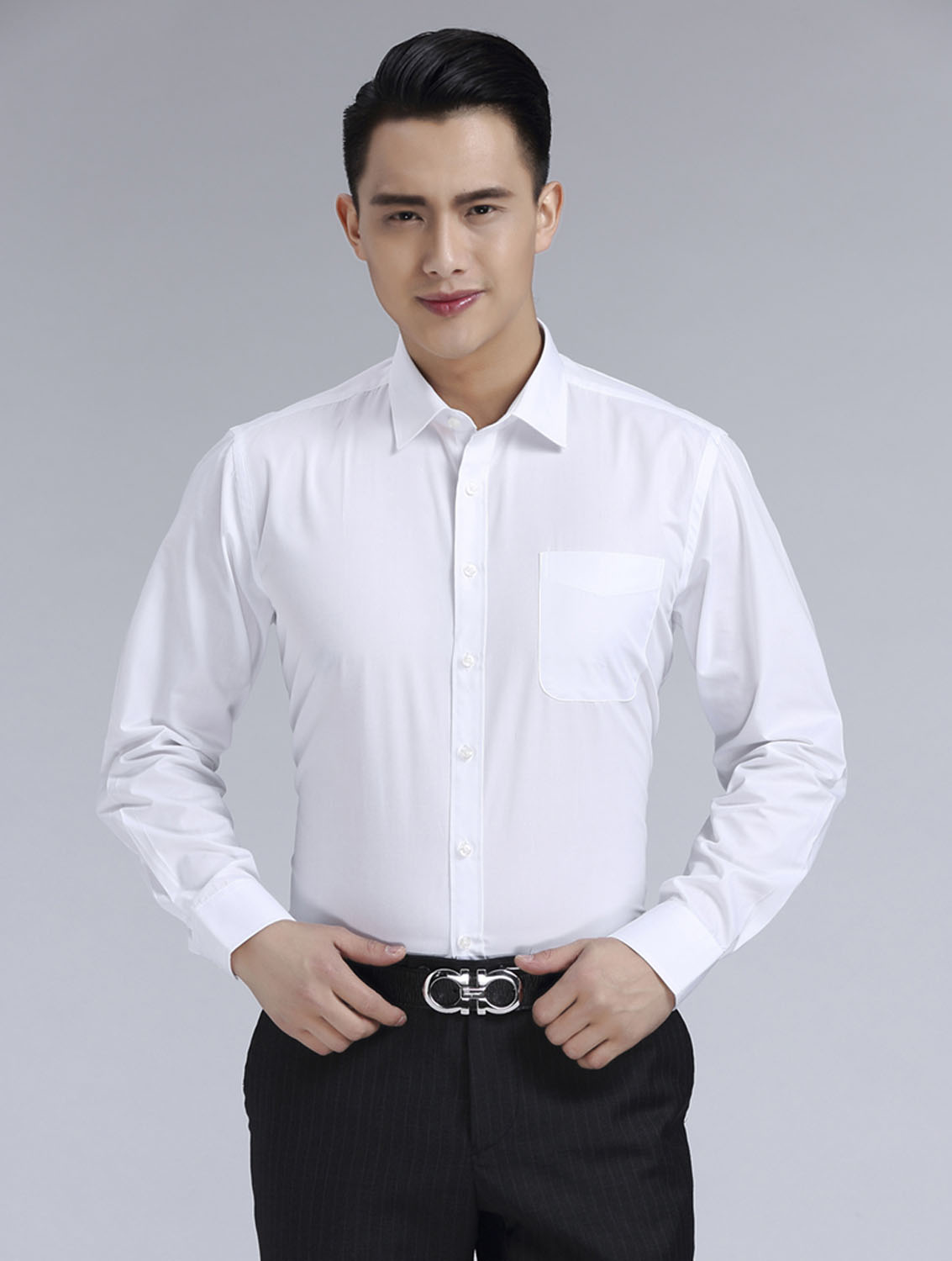 白色斜紋男款滌棉翻領長袖修身襯衫-CVC021#