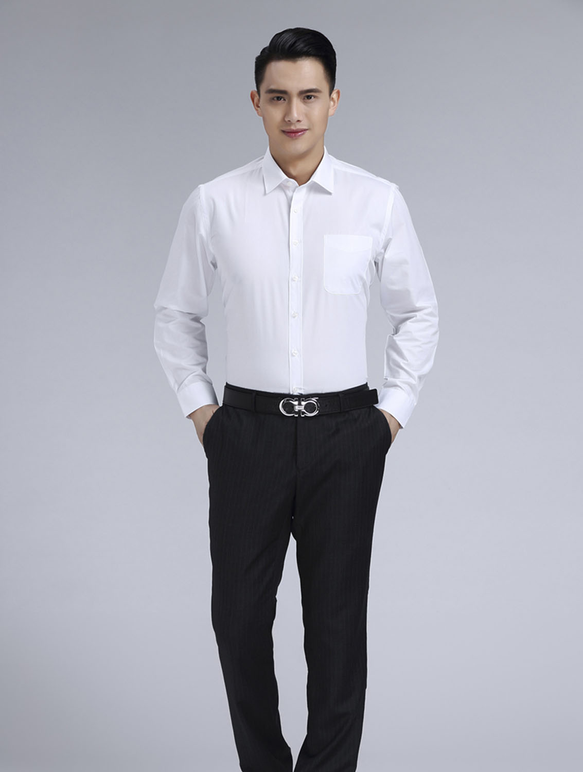 白色斜紋男款滌棉翻領長袖修身襯衫-CVC021#