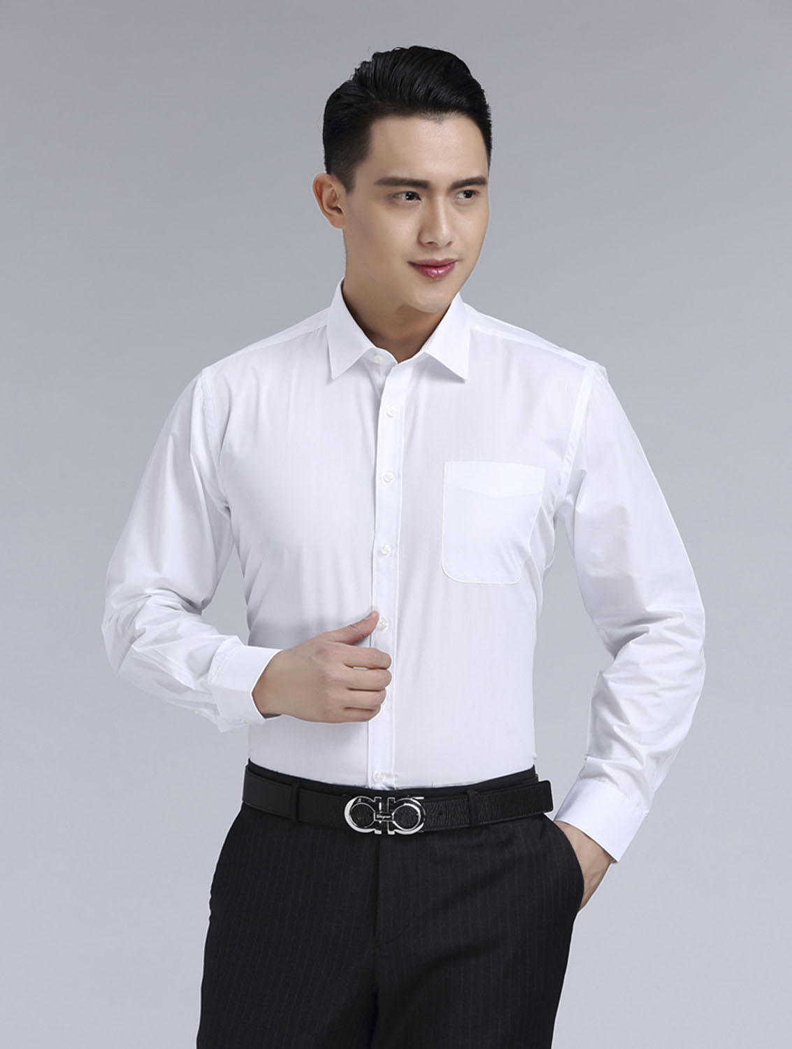 白色斜紋男款滌棉翻領長袖修身襯衫-CVC021#