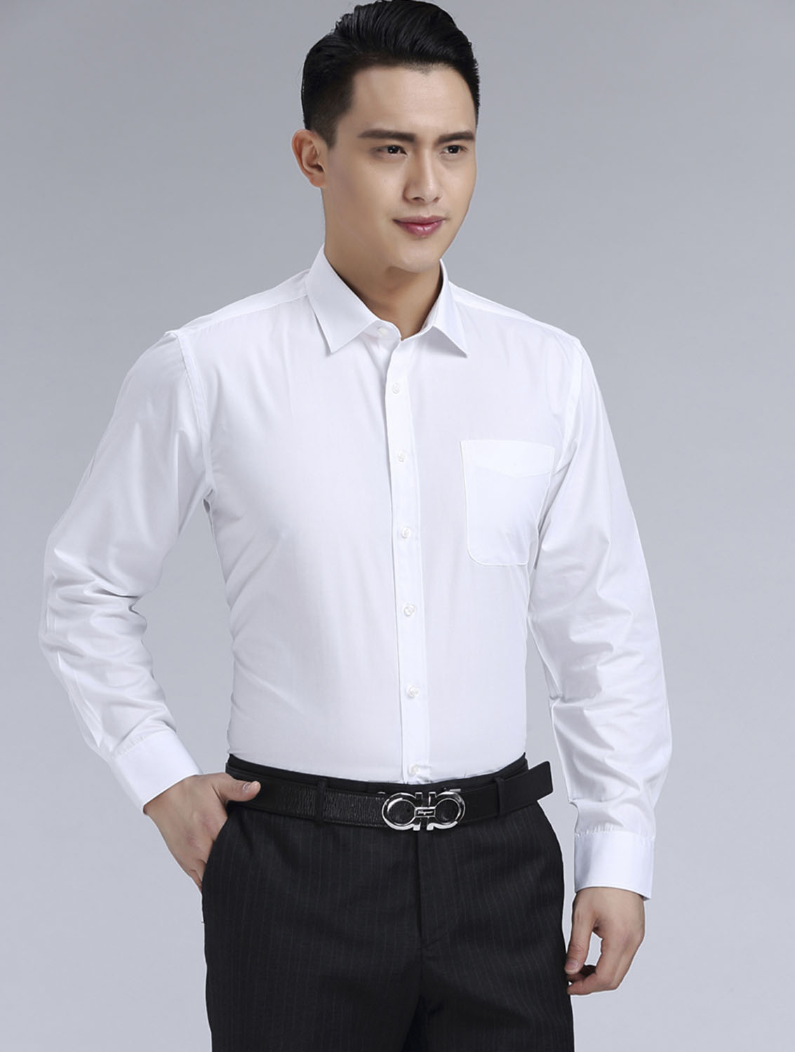 白色斜紋男款滌棉翻領長袖修身襯衫-CVC021#
