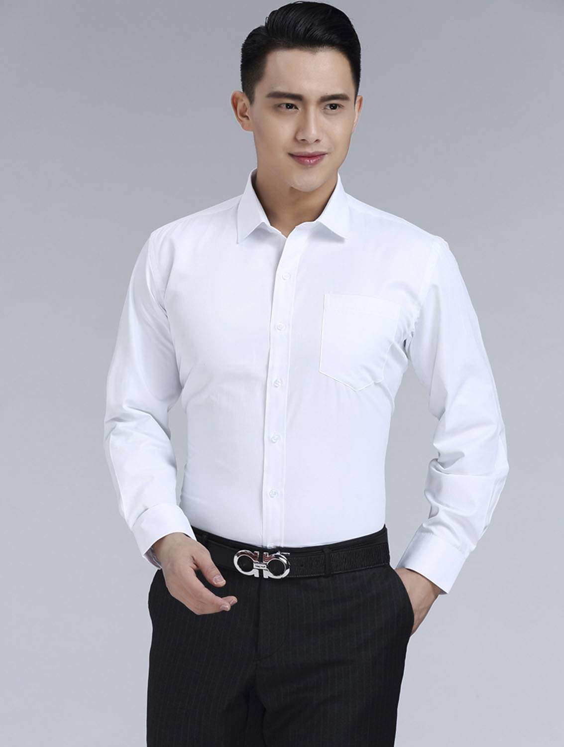 白色男款滌棉立領長袖修身襯衫-TR0201#