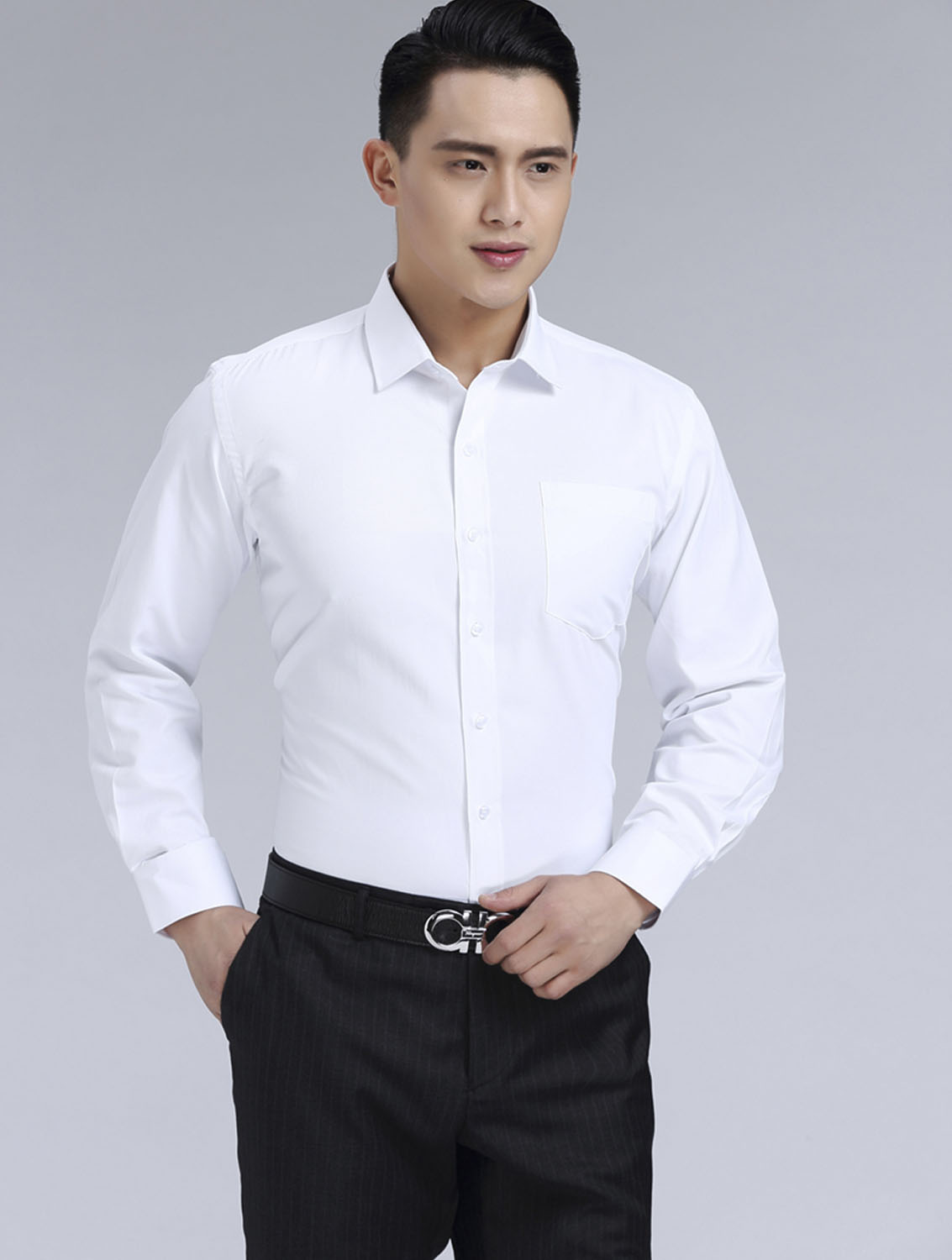 白色男款滌棉立領長袖修身襯衫-TR0201#