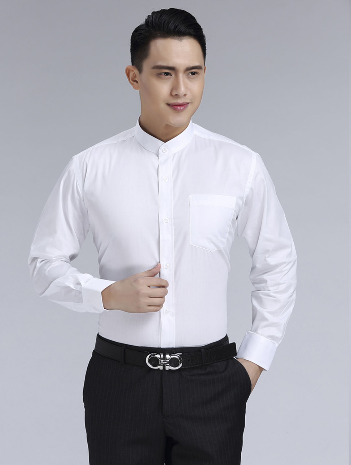 白色男款滌棉立領長袖修身襯衫-BL0071#