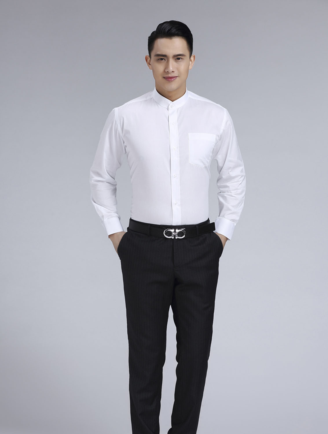 白色男款滌棉立領長袖修身襯衫-BL0071#