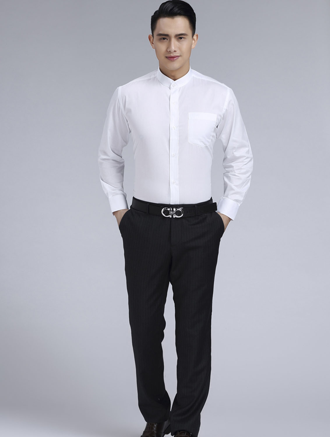 白色男款滌棉立領長袖修身襯衫-BL0071#