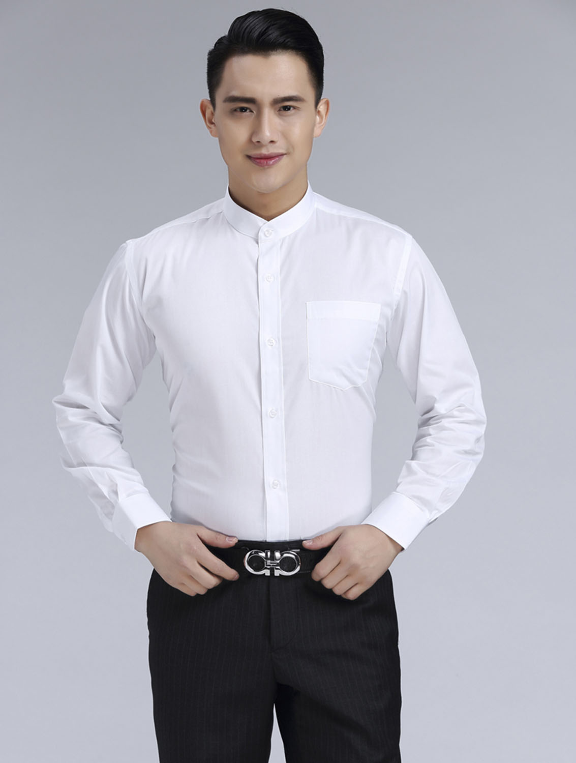 白色男款滌棉立領長袖修身襯衫-BL0071#
