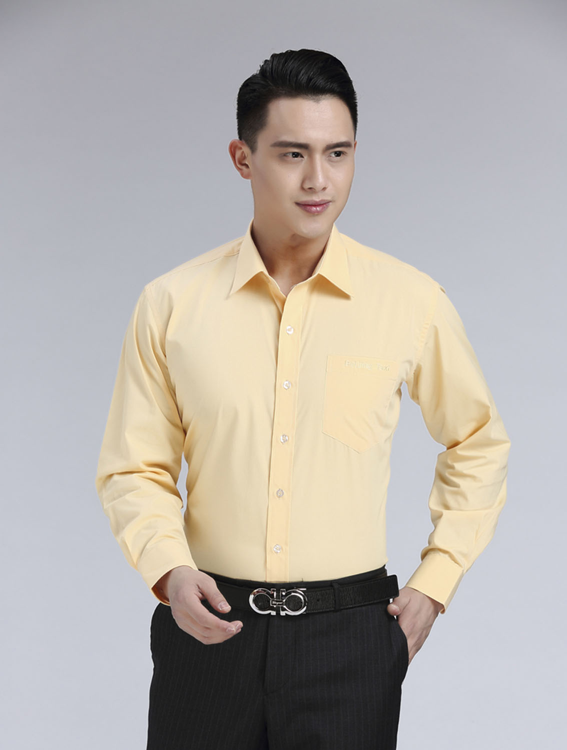 黃色男款滌棉立領長袖北京出租車司機襯衫-TAXI01#