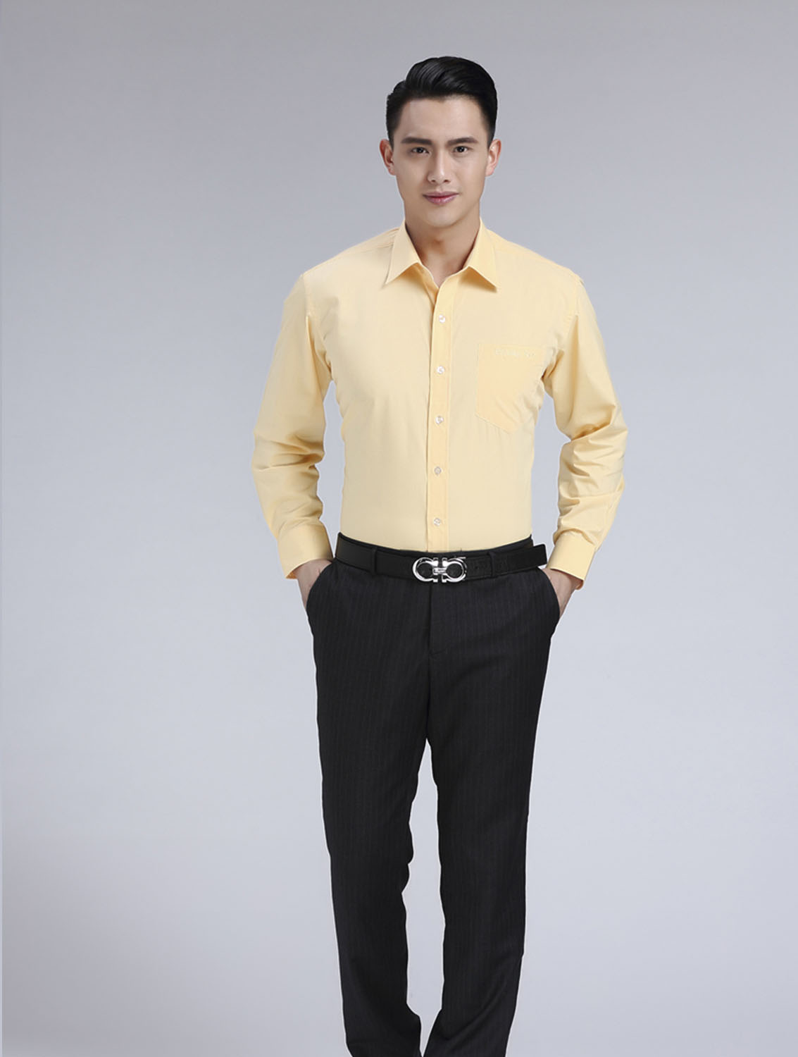 黃色男款滌棉立領長袖北京出租車司機襯衫-TAXI01#