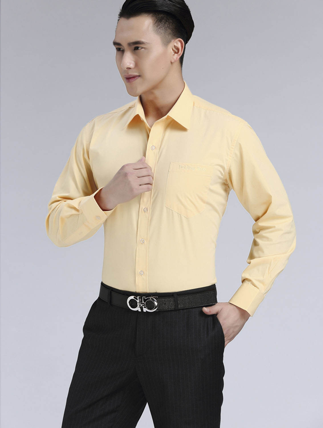 黃色男款滌棉立領長袖北京出租車司機襯衫-TAXI01#