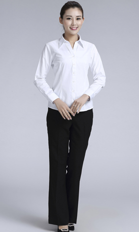 白色女款滌棉翻領長袖修身襯衫-0501#