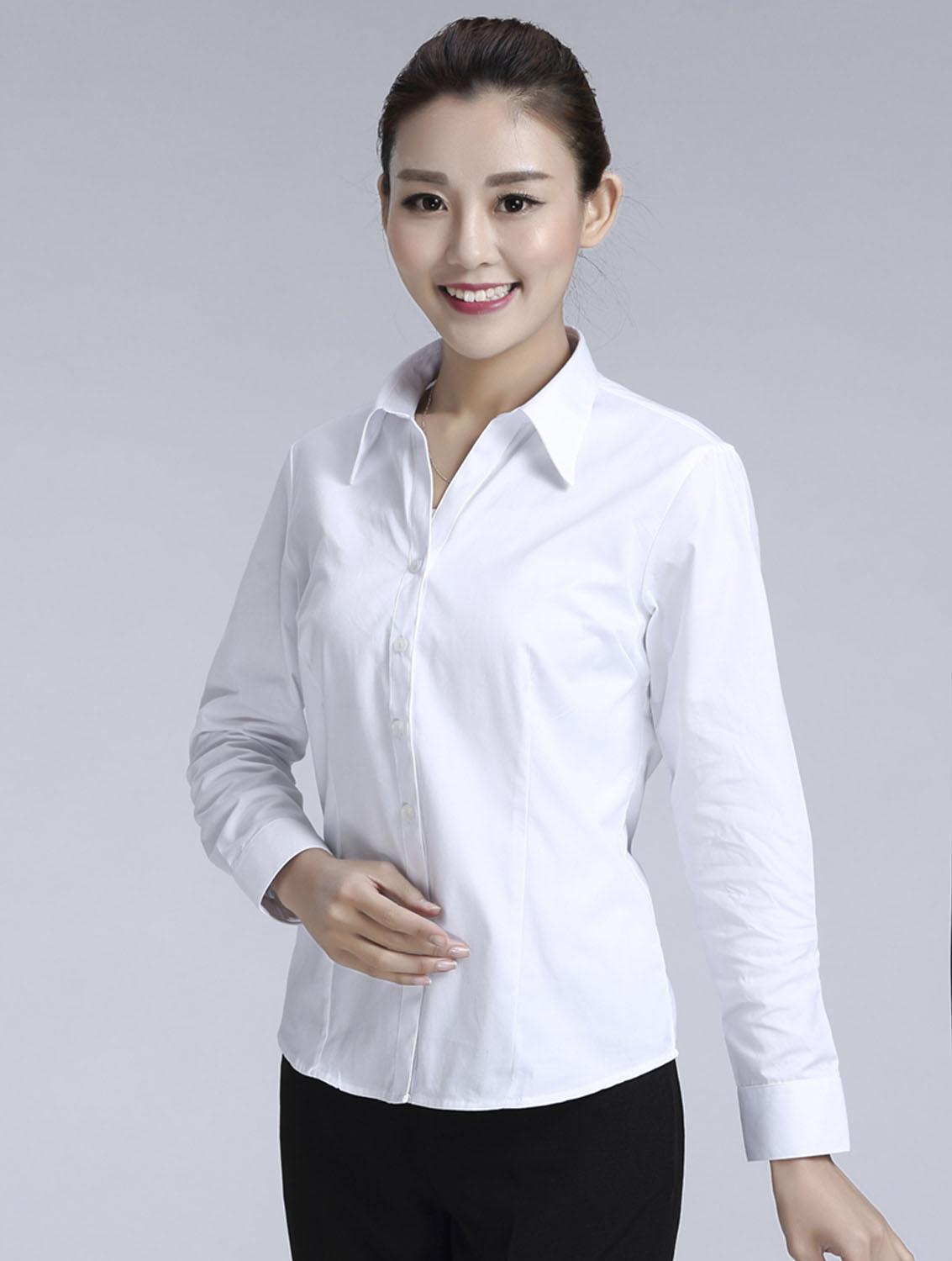 白色女款滌棉翻領長袖修身襯衫-0501#