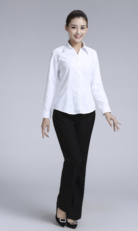 白色斜紋女款滌棉翻領長袖修身襯衫-1381#