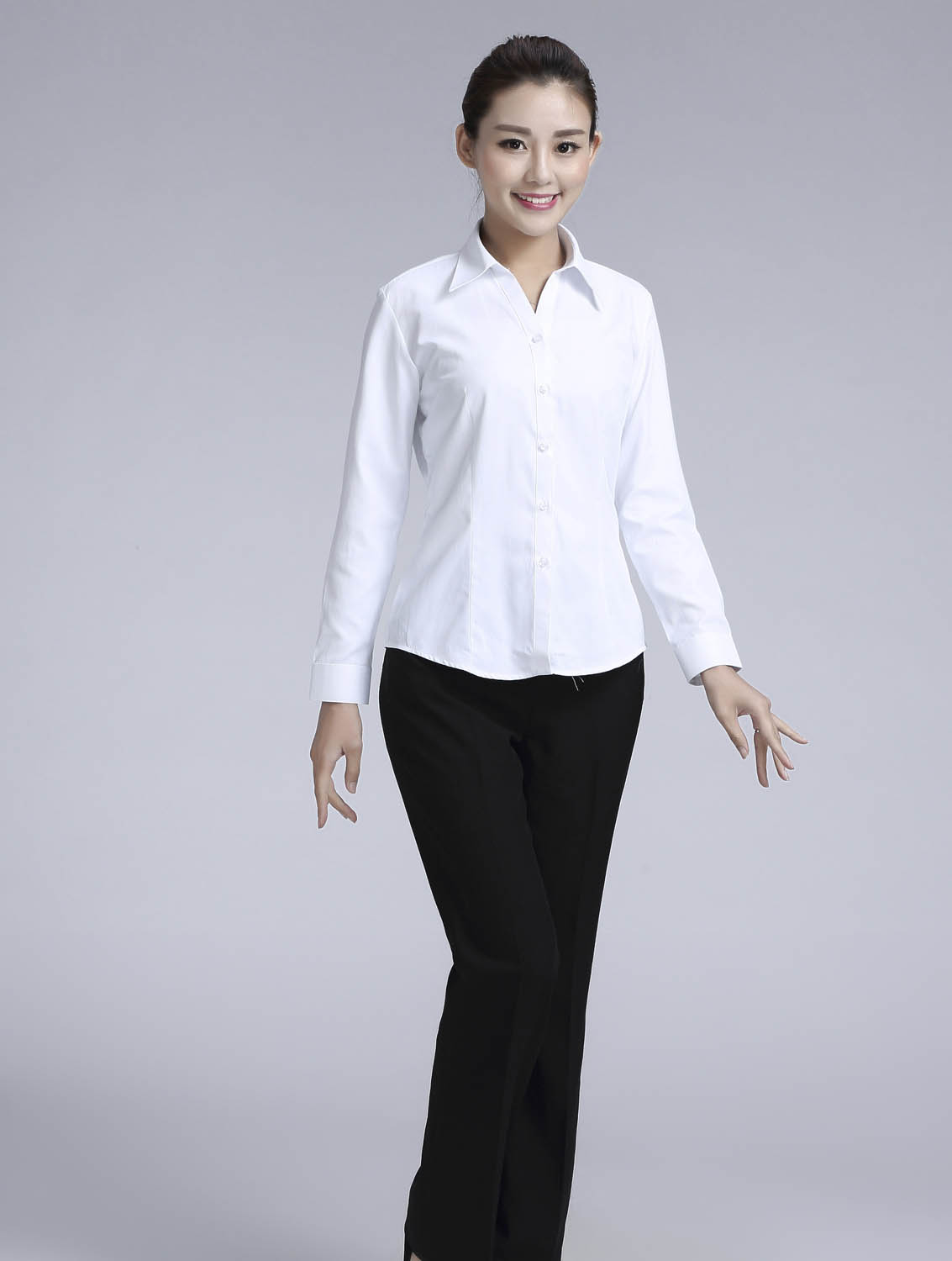 白色斜紋女款滌棉翻領(lǐng)長(zhǎng)袖修身襯衫-1381#