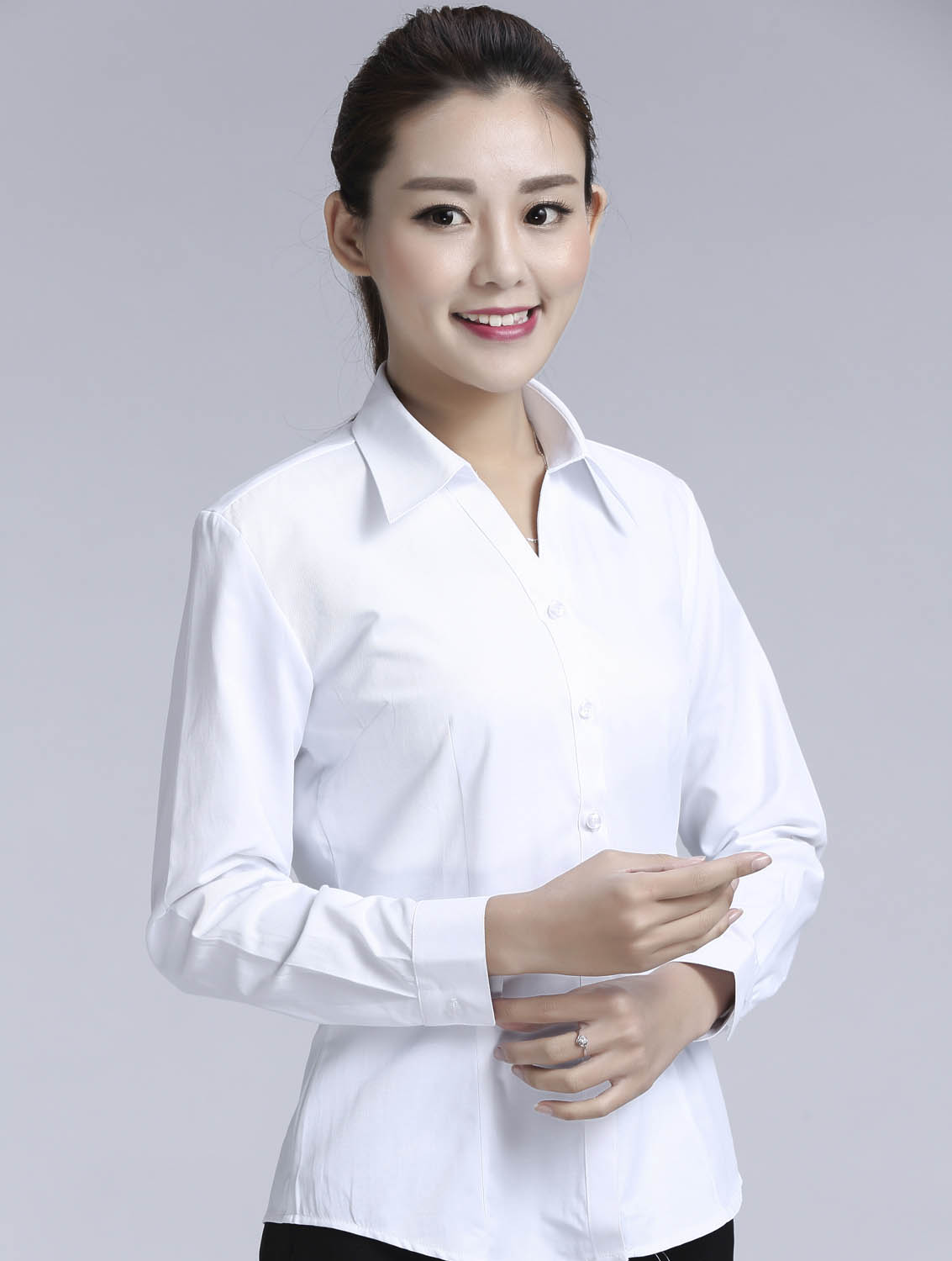 白色斜紋女款滌棉翻領(lǐng)長(zhǎng)袖修身襯衫-1381#