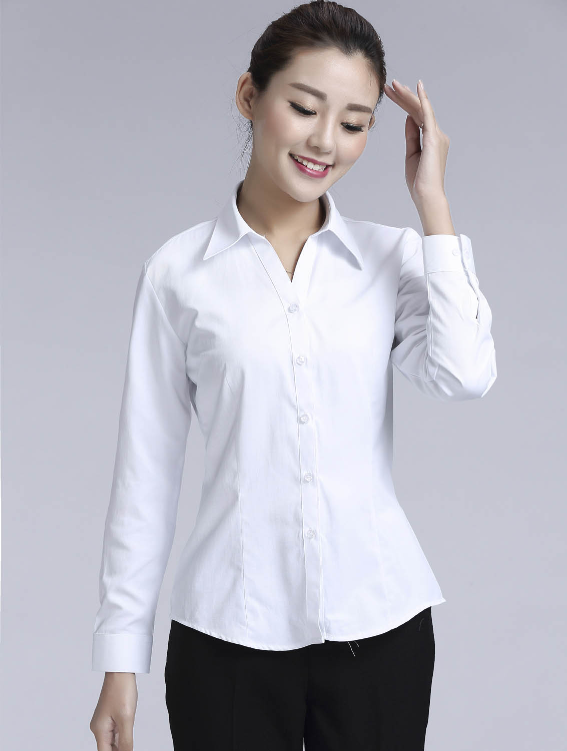 白色斜紋女款滌棉翻領(lǐng)長(zhǎng)袖修身襯衫-1381#