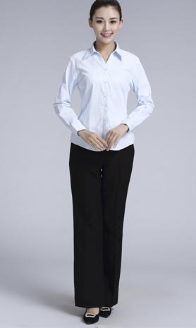 淺藍色斜紋女款滌棉翻領長袖修身襯衫-1383#