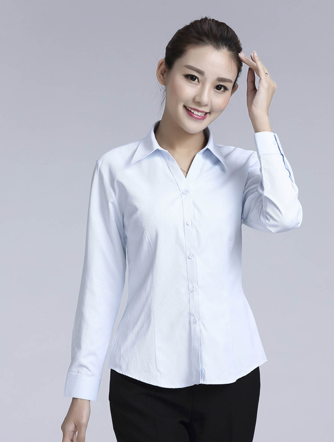 淺藍色斜紋女款滌棉翻領長袖修身襯衫-1383#