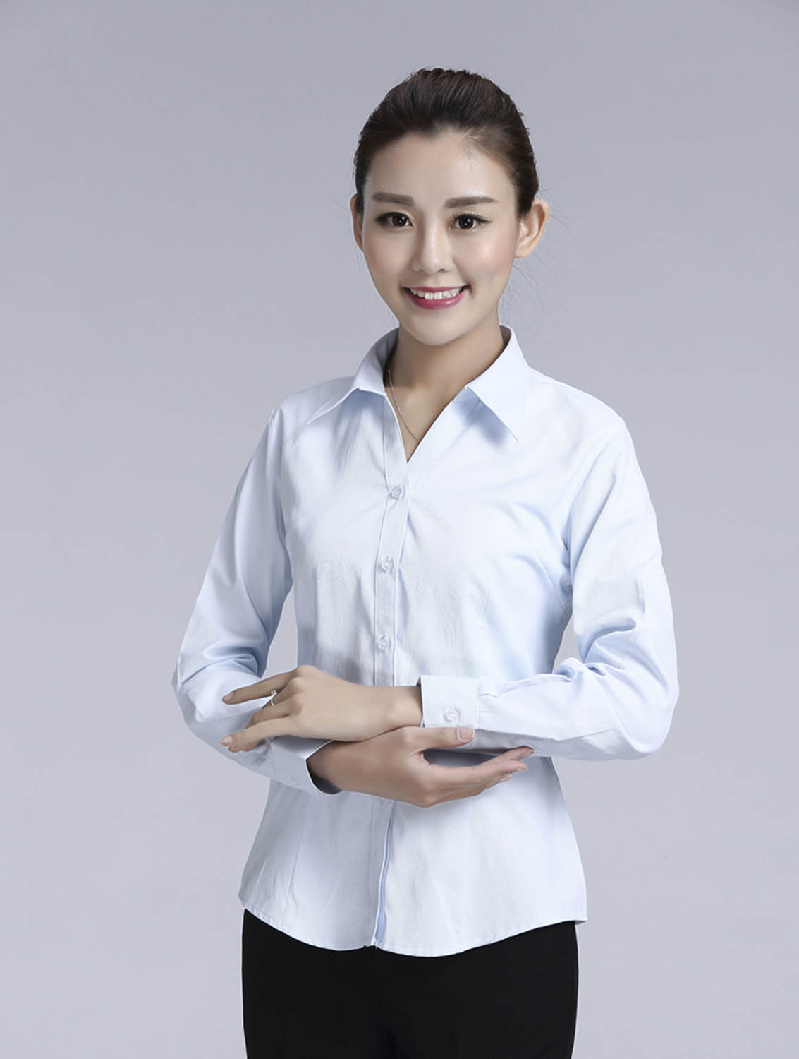 淺藍色斜紋女款滌棉翻領長袖修身襯衫-1383#