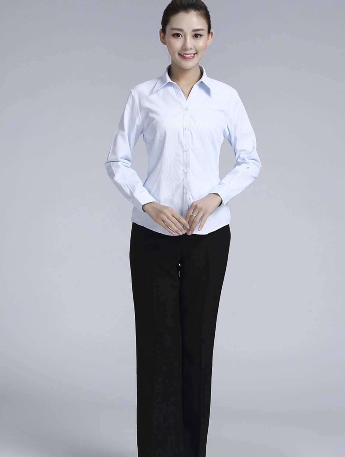 淺藍色斜紋女款滌棉翻領長袖修身襯衫-1383#