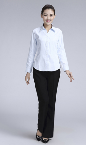 白色豎紋女款滌棉翻領長袖修身襯衫-1491#