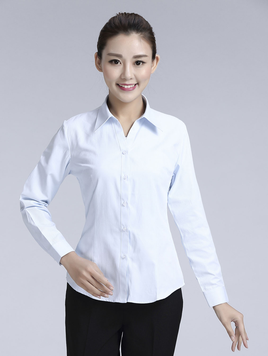 白色豎紋女款滌棉翻領長袖修身襯衫-1491#