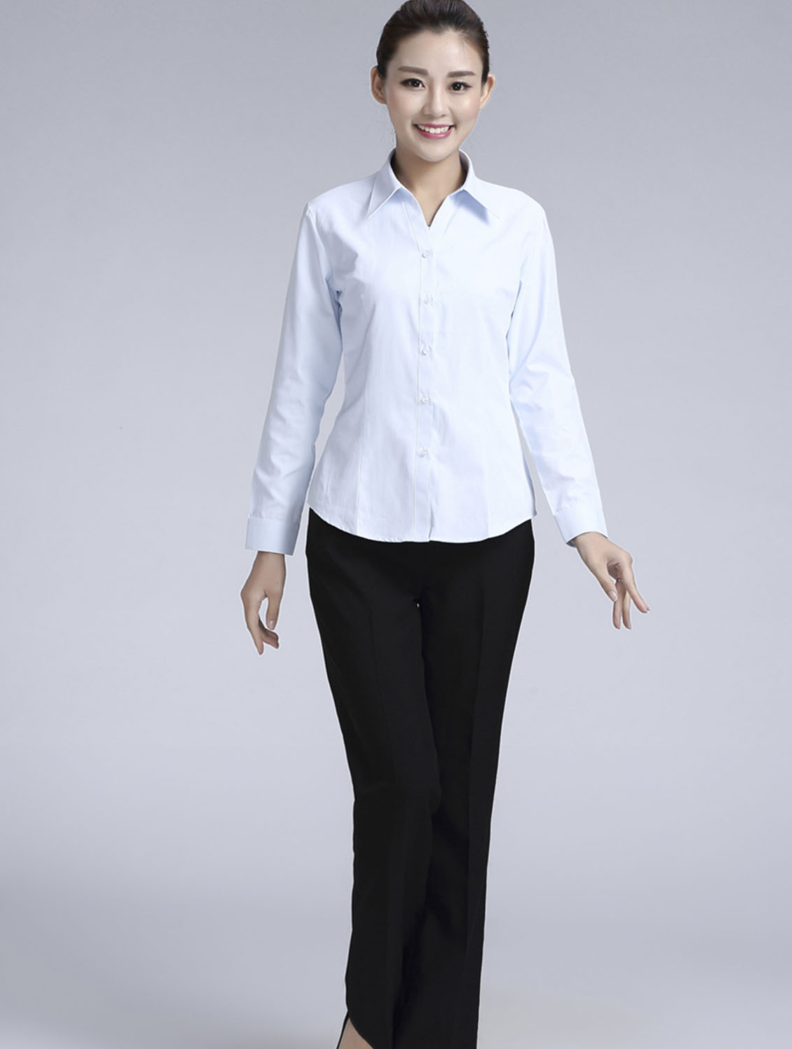 白色豎紋女款滌棉翻領長袖修身襯衫-1491#