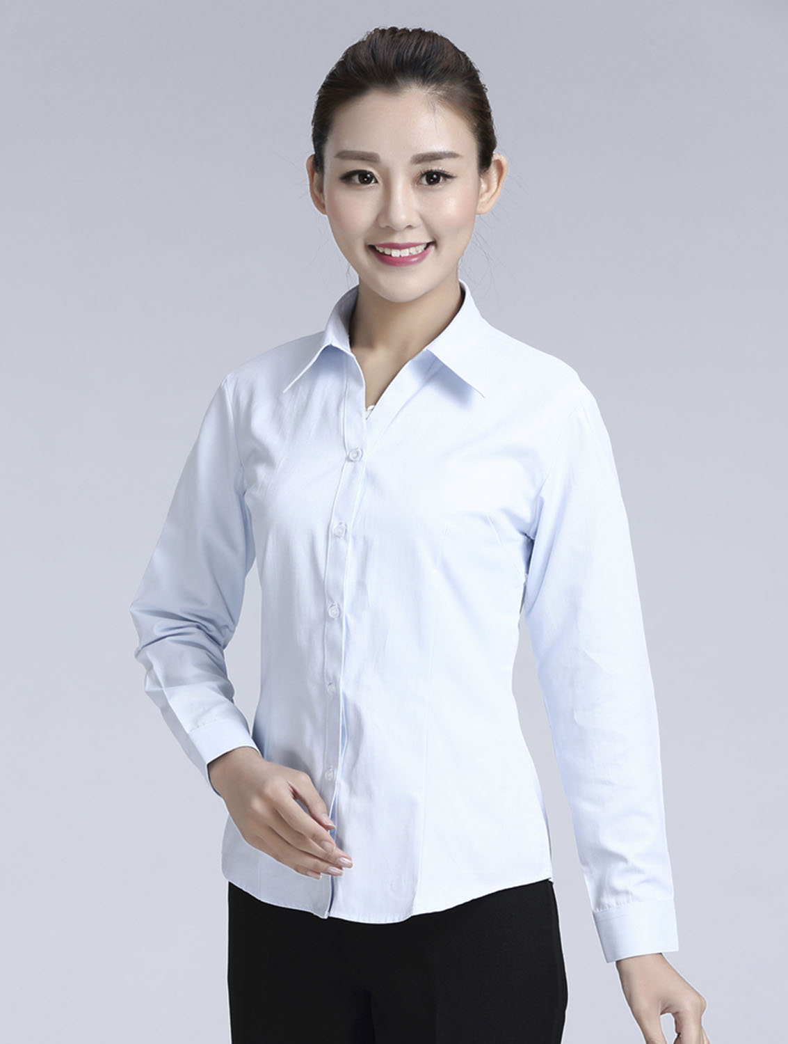 白色豎紋女款滌棉翻領長袖修身襯衫-1491#