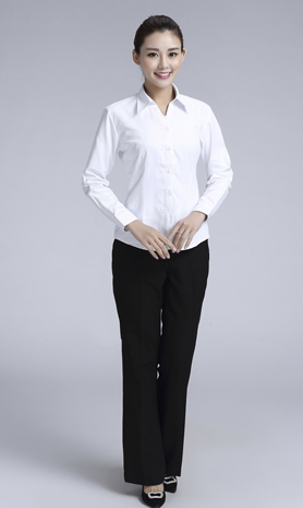 白色女款滌棉翻領長袖修身襯衫-3016-1#