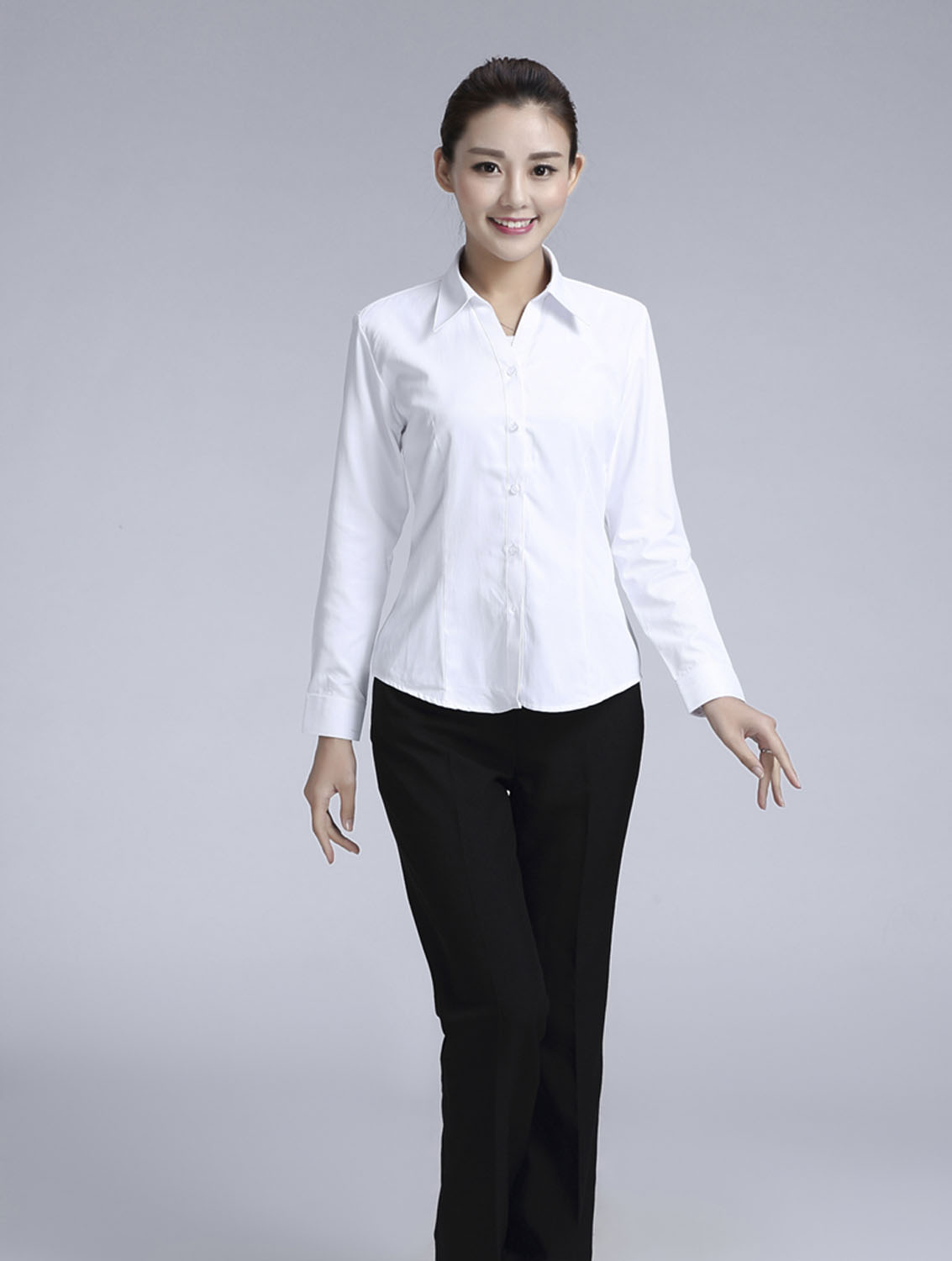 白色女款滌棉翻領長袖修身襯衫-3016-1#
