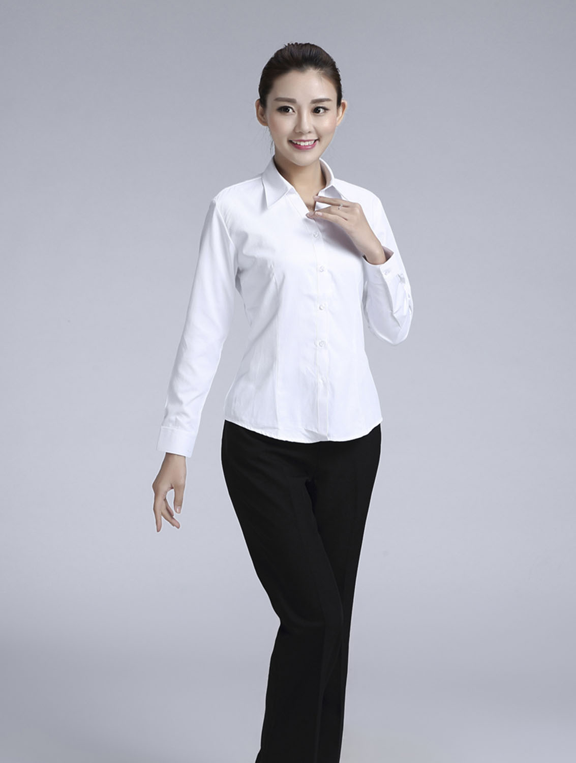 白色女款滌棉翻領長袖修身襯衫-3016-1#