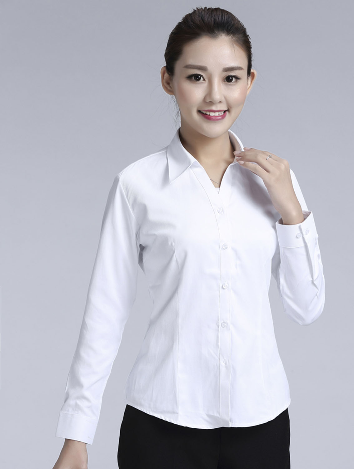 白色女款滌棉翻領長袖修身襯衫-3016-1#